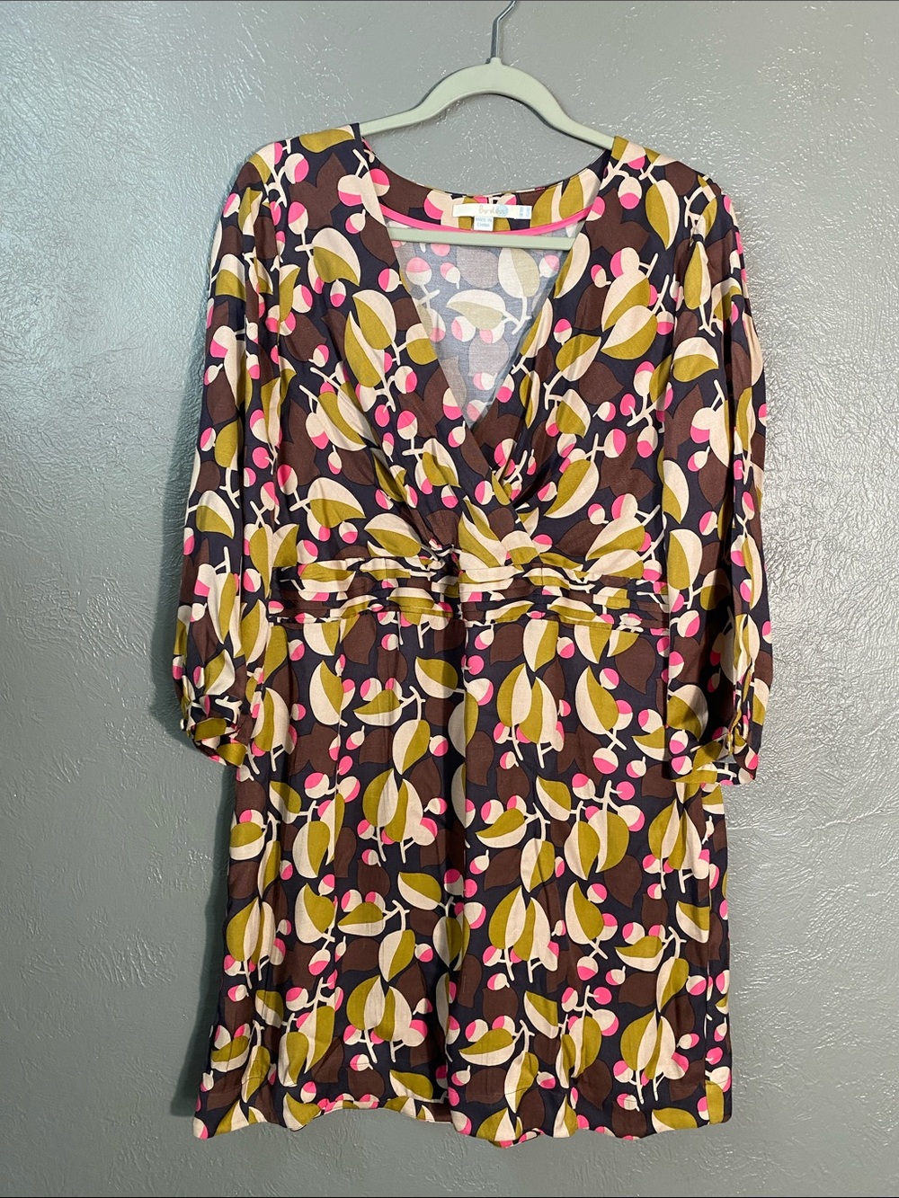 Boden Women's Faux Wrap Dress 14R Brown Multicolor Botanical Print Jersey Retro